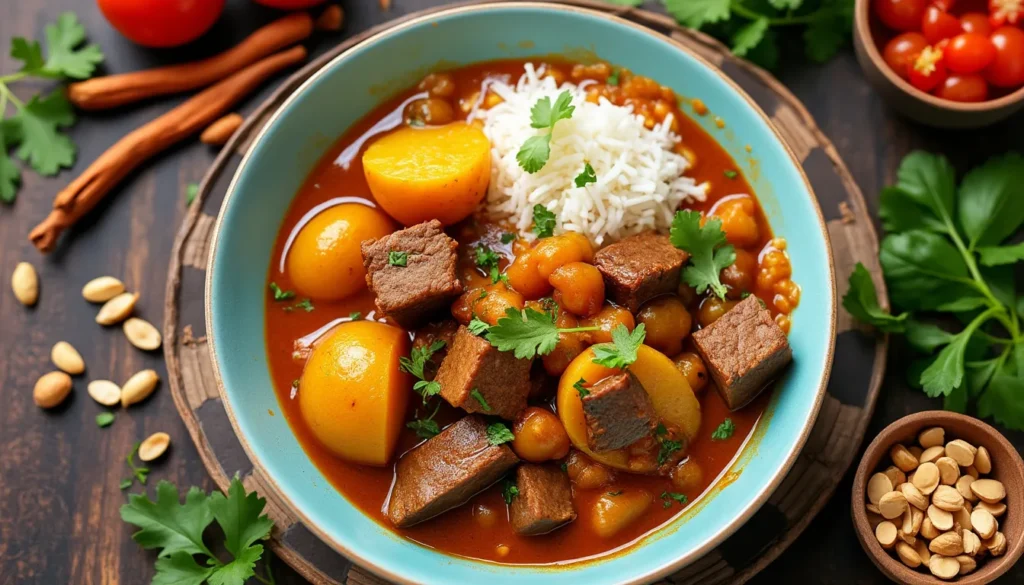 Create an image of a beautifully plated Massaman curry, with rich, aromatic sauce, tender pieces of beef, potatoes, and peanuts, garnished with fresh herbs, with a traditional Thai background featuring spices and ingredients used in the dish.