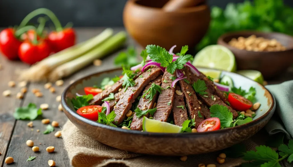 Create an image of a vibrant Thai beef salad presented on a rustic wooden table. The salad features tender slices of grilled beef, mixed with fresh herbs like mint and cilantro, thinly sliced red onions, cherry tomatoes, and cucumber. The dish is garnished with chopped peanuts and lime wedges on the side. The background shows traditional Thai ingredients such as lemongrass, chili peppers, fish sauce, and a mortar and pestle, hinting at the rich, aromatic flavors typical of Thai cuisine. The setting is complemented with soft, natural lighting highlighting the freshness and colorfulness of the salad.