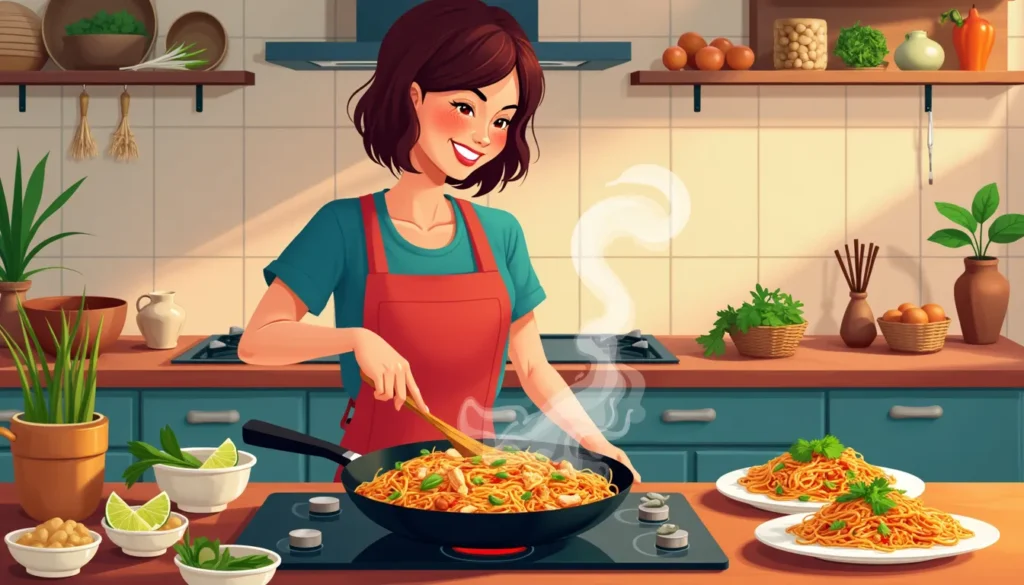 Illustrate a vibrant kitchen scene where someone is in the process of cooking Chicken Pad Thai. The countertop is filled with fresh ingredients like rice noodles, chicken pieces, bean sprouts, peanuts, green onions, eggs, and lime wedges. A wok sizzles on the stove with colorful, partially cooked pad Thai. The cook, smiling, is using a spatula to mix the ingredients. A well-plated dish of finished Chicken Pad Thai garnished with cilantro and lime sits on the dining table in the background. Warm kitchen lighting enhances the inviting, homey atmosphere.