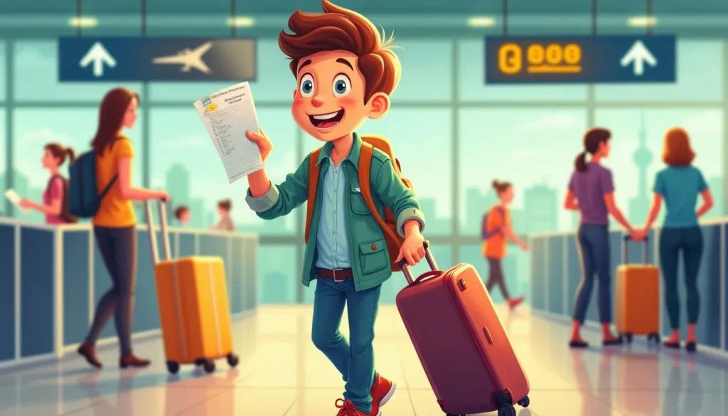 An image showing a first-time traveler at an airport, holding a boarding pass and suitcase, looking both excited and a little nervous. The background inclu