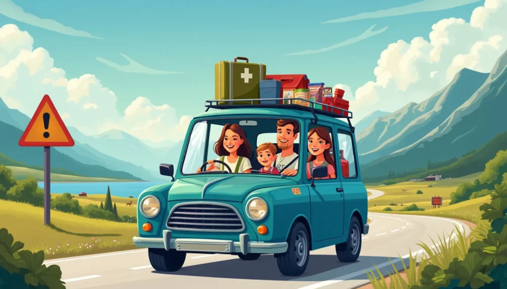 A family in a well-packed car, driving on a scenic highway surrounded by beautiful landscapes. The car has visible safety features like seat belts fastened