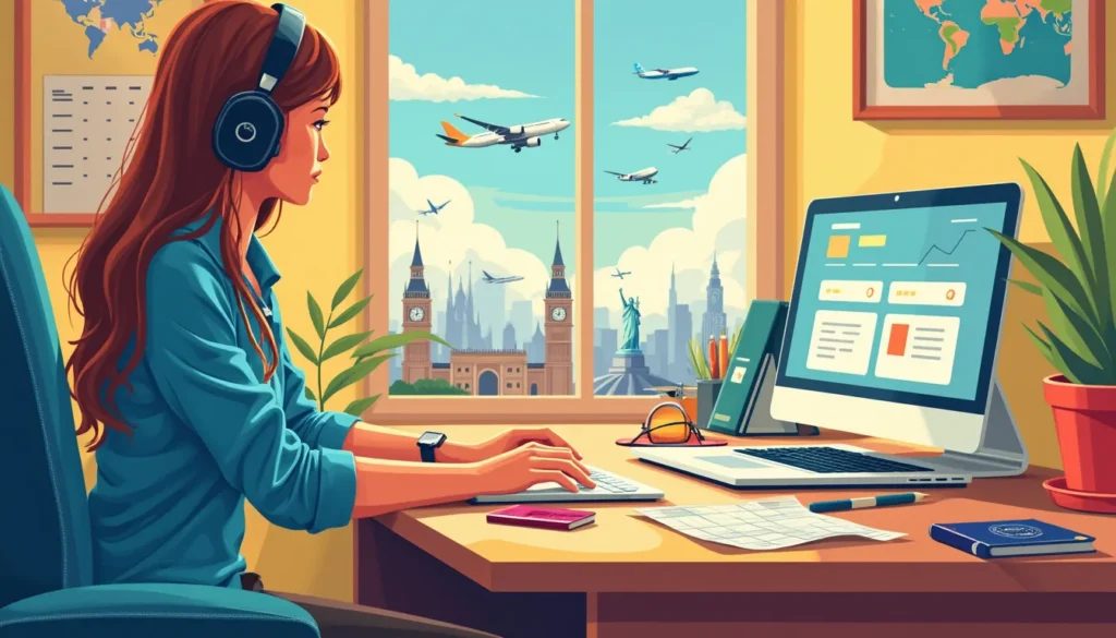 A vibrant illustration showing a person at a desk surrounded by travel essentials like a world map, passport, laptop, and airline tickets. The screen of th