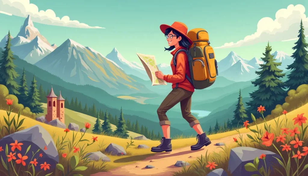 A vibrant illustration of a solo traveler exploring a picturesque landscape, with elements highlighting safety and enjoyment. The traveler should be smilin