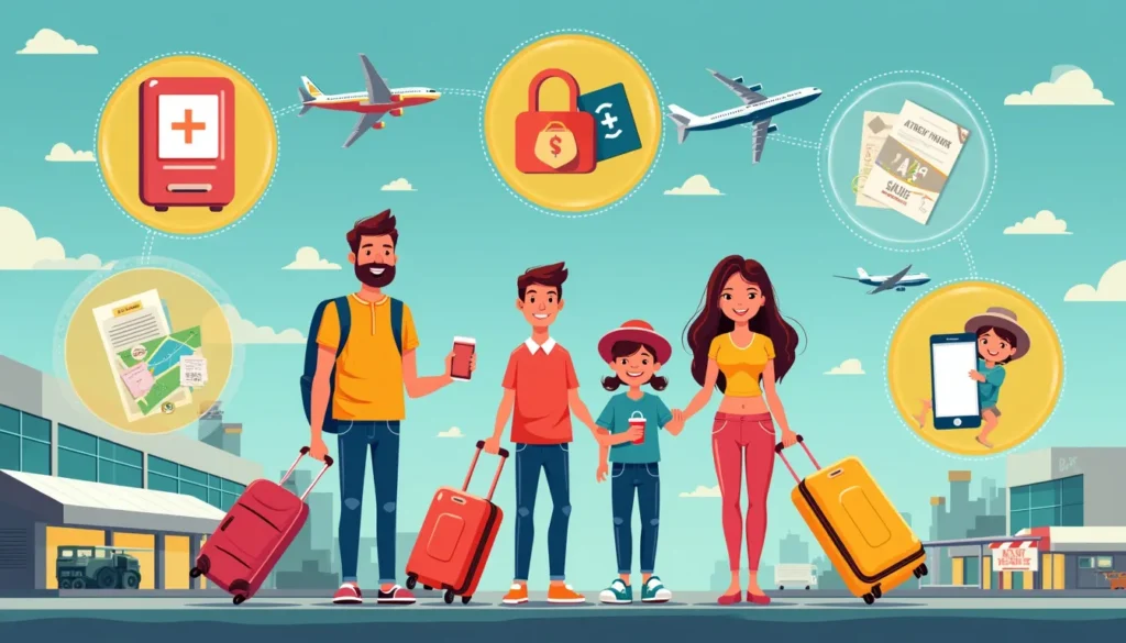 A bright, colorful illustration of a family of four happily traveling with suitcases, passports, and travel gear in hand. They are surrounded by icons and