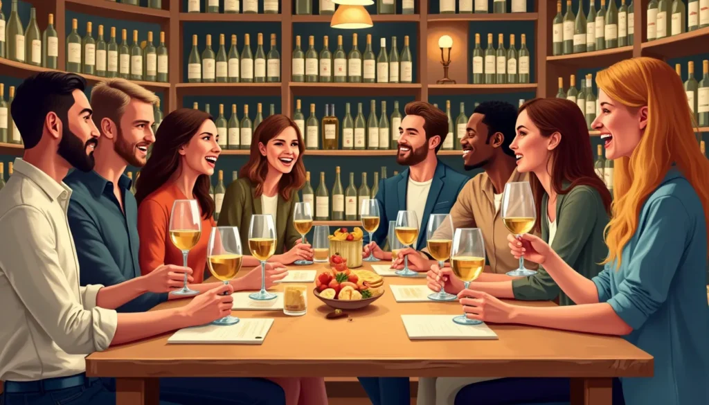 Create an image that depicts a diverse group of people, each with unique styles and backgrounds, tasting an array of different white wines in a warm and in