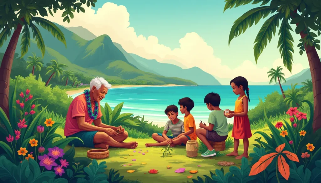 Create an image that depicts the essence of 'Kokua' in Hawaiian culture. Illustrate a serene Hawaiian landscape, featuring the lush greenery and vibrant co