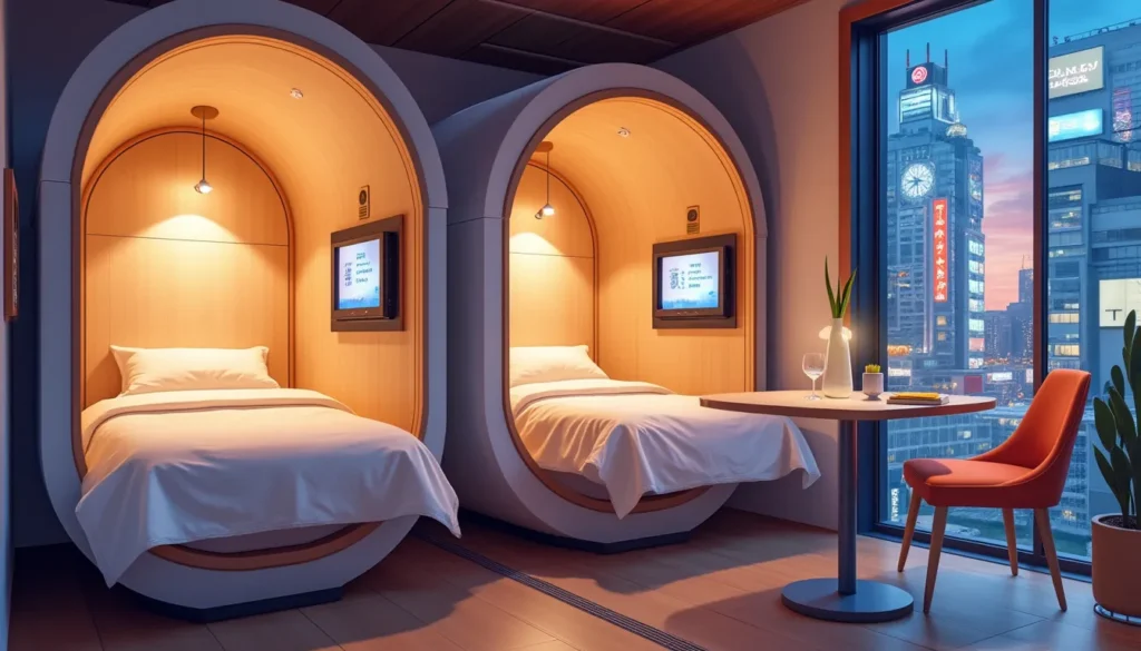 Create an image of a modern capsule hotel in Osaka, Japan, showcasing its sleek, compact design and innovative use of space. Capture the ambiance of luxury