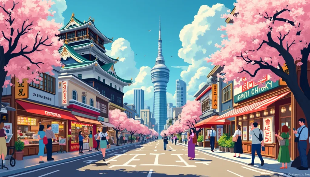 Create an illustration of a vibrant travel scene capturing the essence of a 2-day itinerary in Osaka, Japan. The image should feature iconic landmarks such